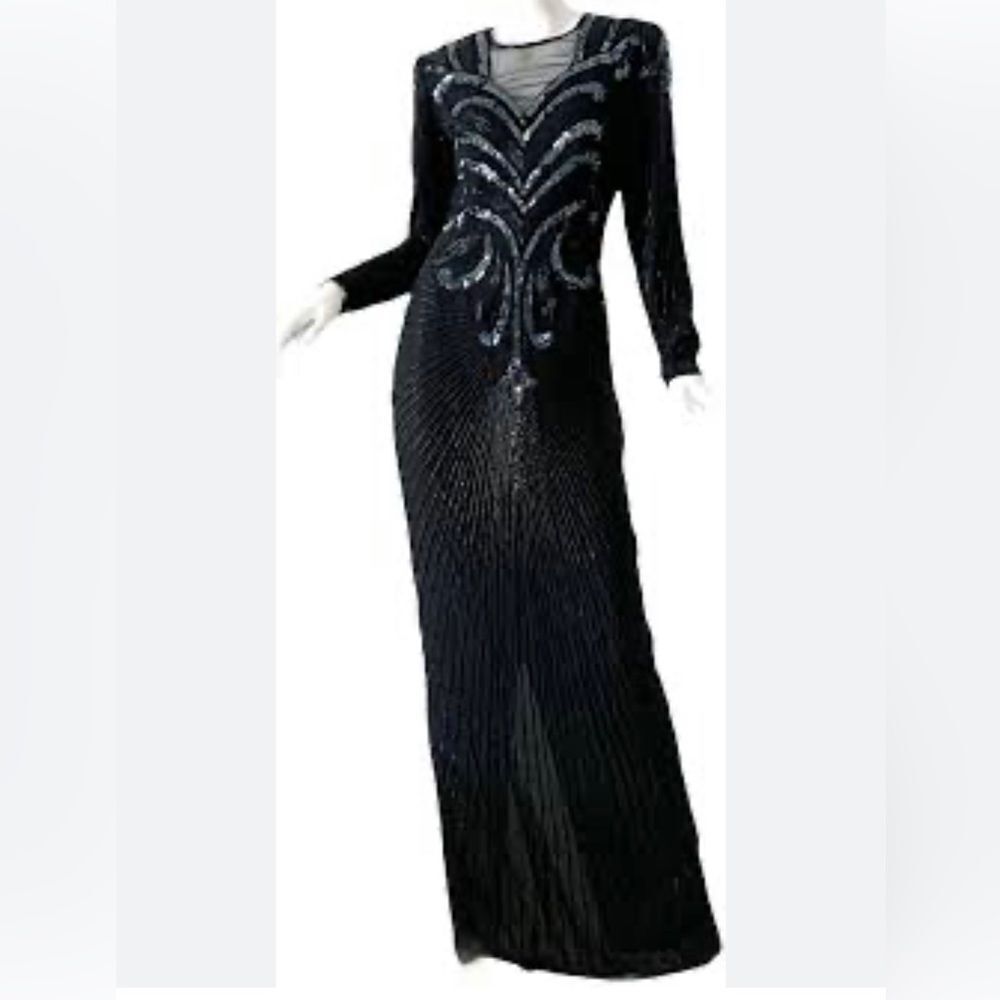 NEW SCALA vintage 80’s black blue silk beaded sequin evening maxi gown dress M